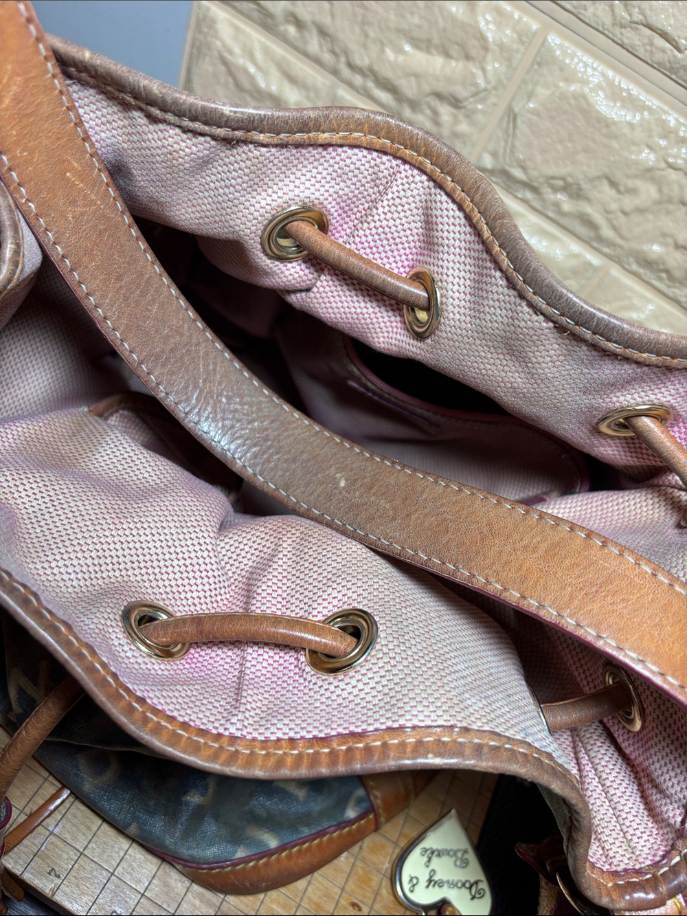 Dooney & Bourke Brown Leather Trim Green Monogram Bucket Bag w Mint Pink Wallet - Picture 17 of 17